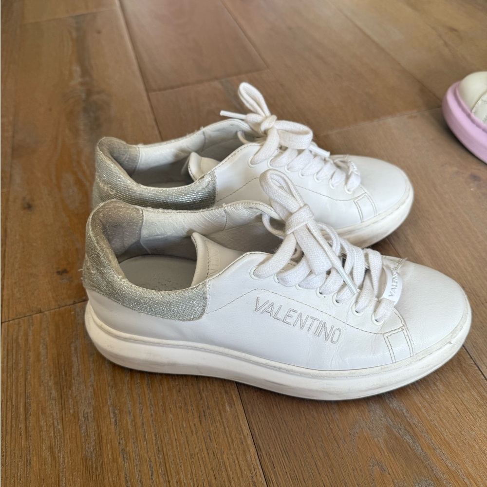 Valentino White and Sparkle Heel Sneakers